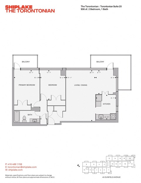 Floor plan for 2 beds, 1 bath, 936 sqft